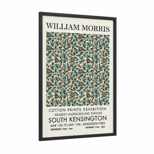 William Morris Floral framed abstract flower print — black wood frame — dark blue and gold palette