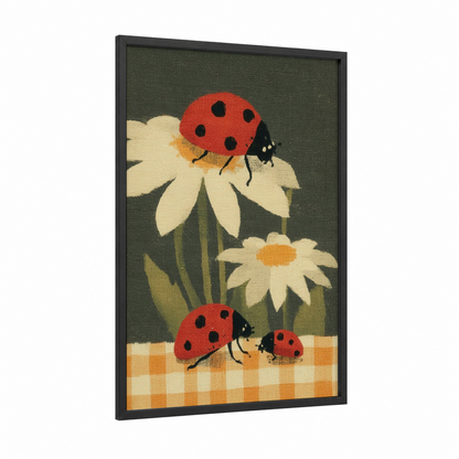 Daisy Ladybugs framed art print — black wood frame — sage green and cream palette