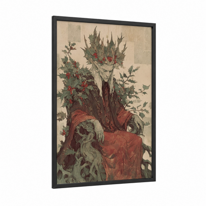 Holly Crowned Elf framed art print — black wood frame — maroon and sage green palette
