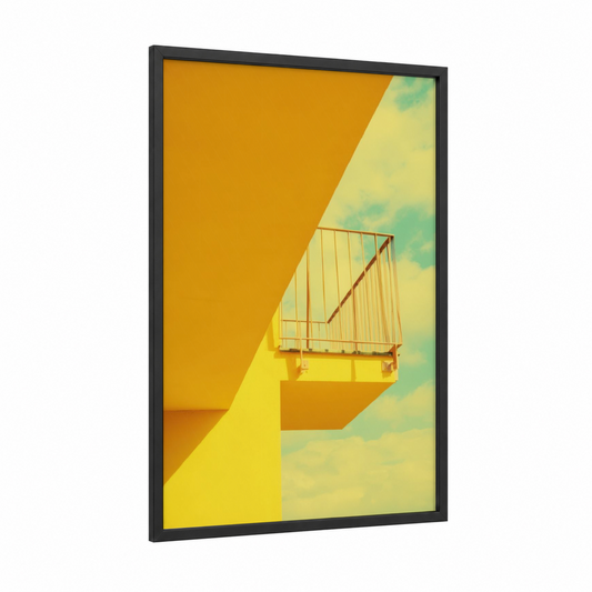 Golden Balcony framed abstract architecture print — black wood frame — yellow gold and teal palette
