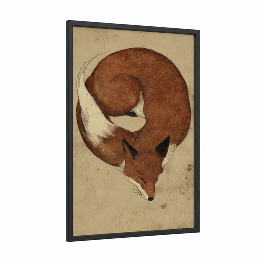 Curled Fox Study framed art print — black wood frame — russet and cream palette