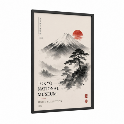 Mount Fuji Sunrise Japanese Wall Art framed art print — black wood frame — black and white and red palette
