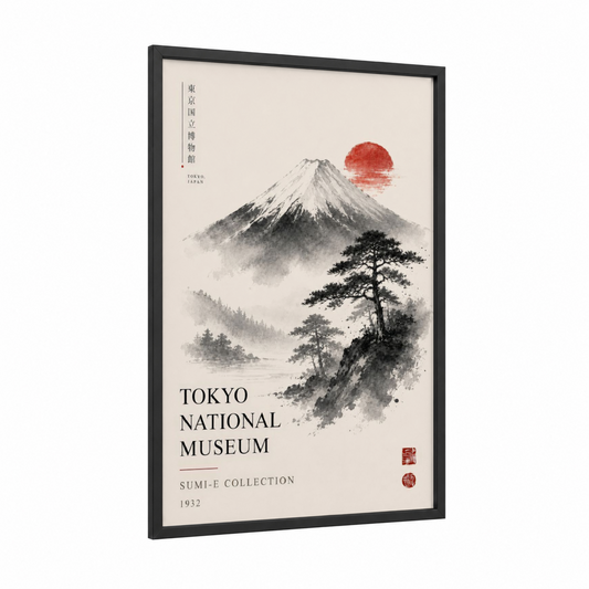 Mount Fuji Sunrise Japanese Wall Art framed art print — black wood frame — black and white and red palette