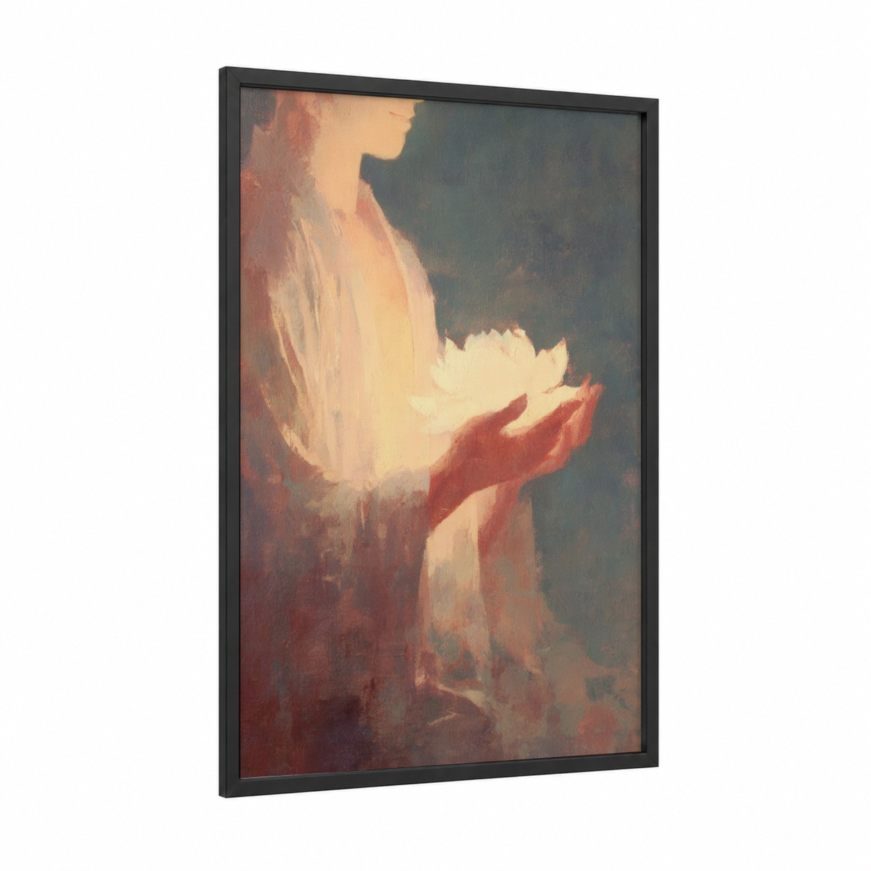 Lotus Meditation framed buddhism print — black wood frame — gold and rose gold palette