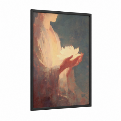 Lotus Meditation framed buddhism print — black wood frame — gold and rose gold palette