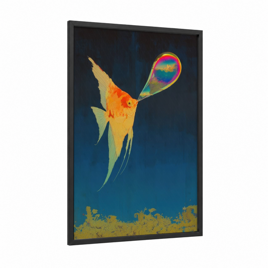 Rainbow Bubble Angel framed angel fish print — black wood frame — blue and gold palette