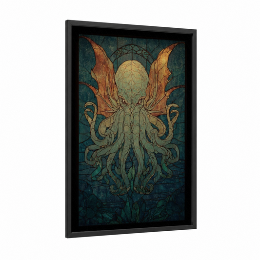 Cthulhu Rising framed art print — black wood frame — teal and gold palette