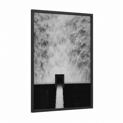 Monumental Dam Overflow framed art print — black wood frame — black and white palette