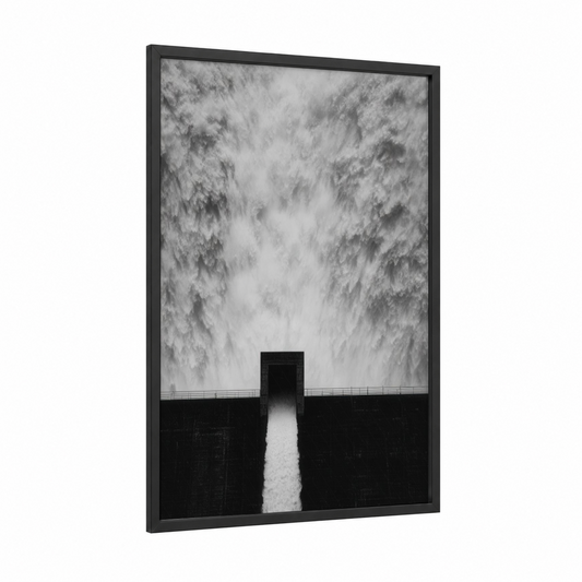 Monumental Dam Overflow framed art print — black wood frame — black and white palette