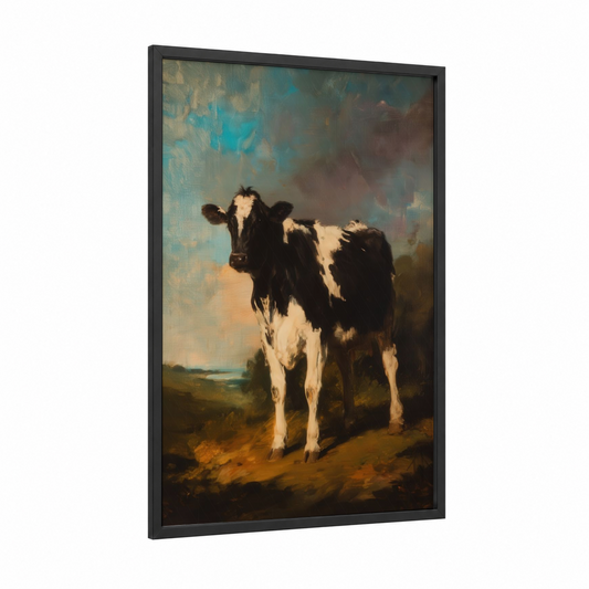 Pastoral Jersey Cow framed art print — black wood frame — gold and teal palette