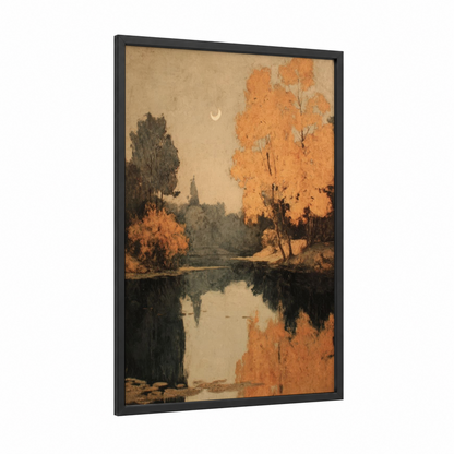 Autumn Moonlight framed art print — black wood frame — gold and cream palette