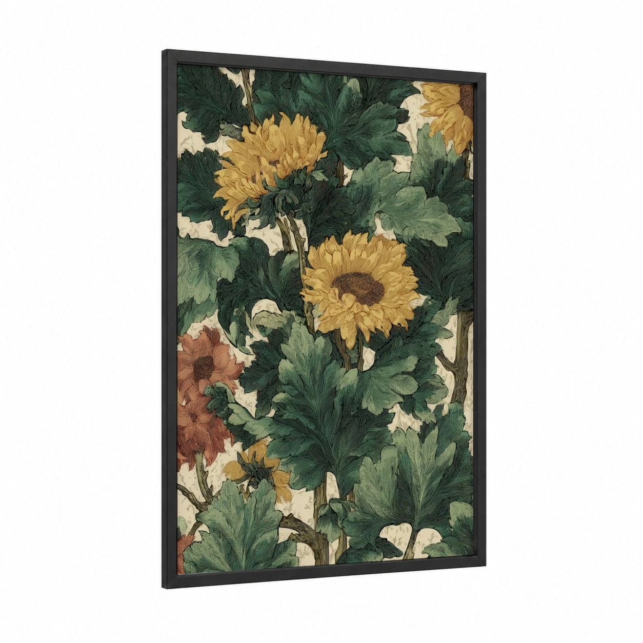 Golden Sunflower Garden framed art print — black wood frame — gold and dark green palette