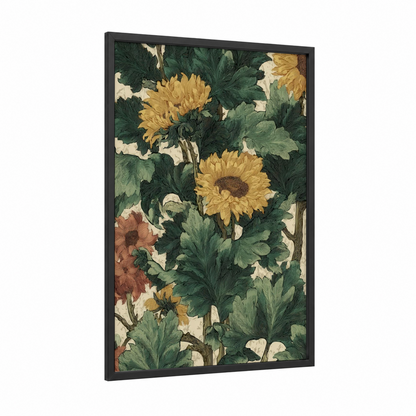 Golden Sunflower Garden framed art print — black wood frame — gold and dark green palette