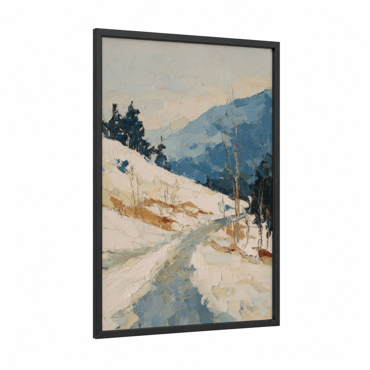 Alpine Winter Landscape framed art print — black wood frame — blue and cream palette