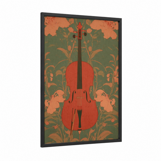 Crimson Cello Garden framed art print — black wood frame — red and sage green palette