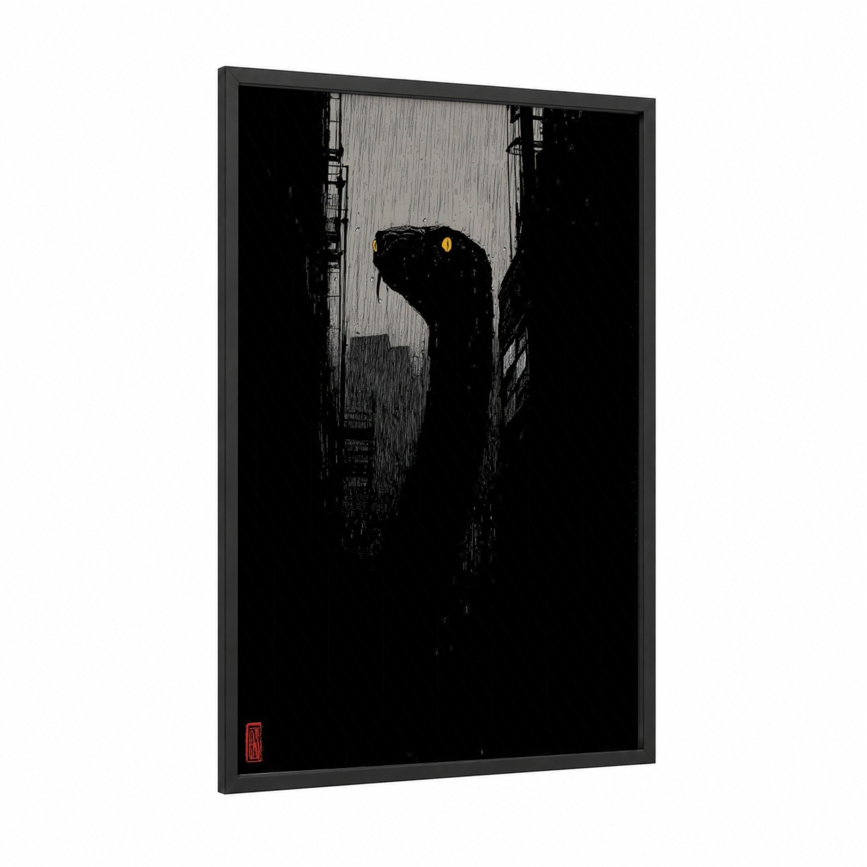 Urban Python framed art print — black wood frame — black and black and white palette
