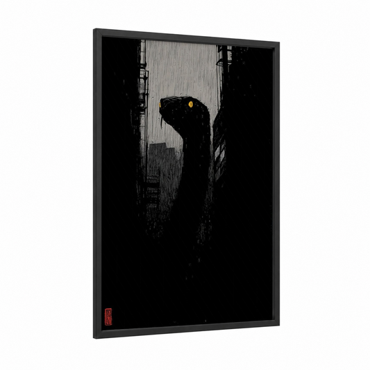 Urban Python framed art print — black wood frame — black and black and white palette