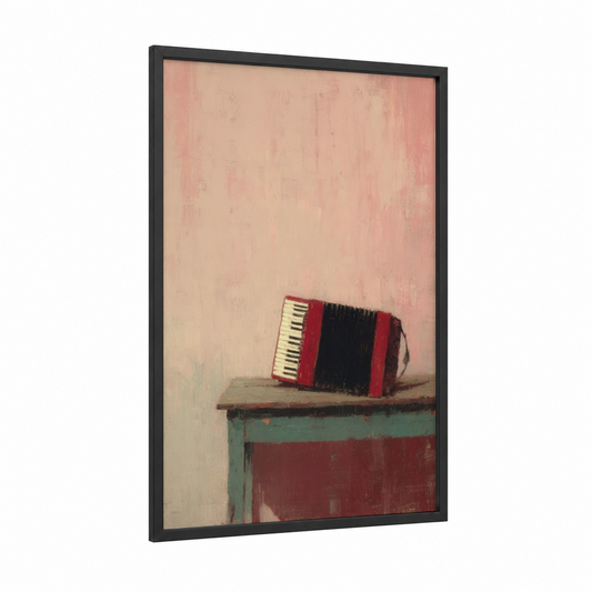 Vintage Red Accordion framed art print — black wood frame — peach and russet palette