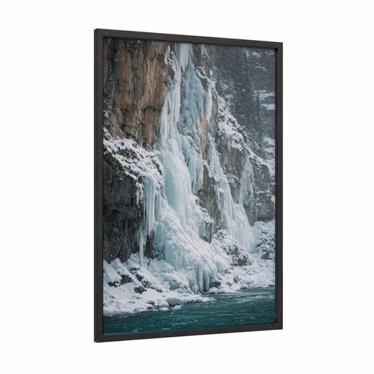 Frozen Waterfall framed winter print — black wood frame — blue and white and turquoise palette