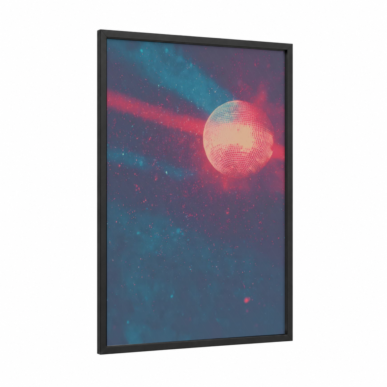 Neon Disco Ball framed art print — black wood frame — magenta and blue palette