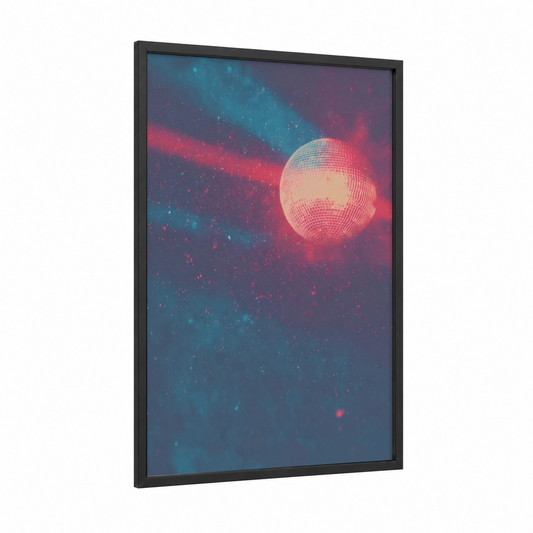 Neon Disco Ball framed art print — black wood frame — magenta and blue palette