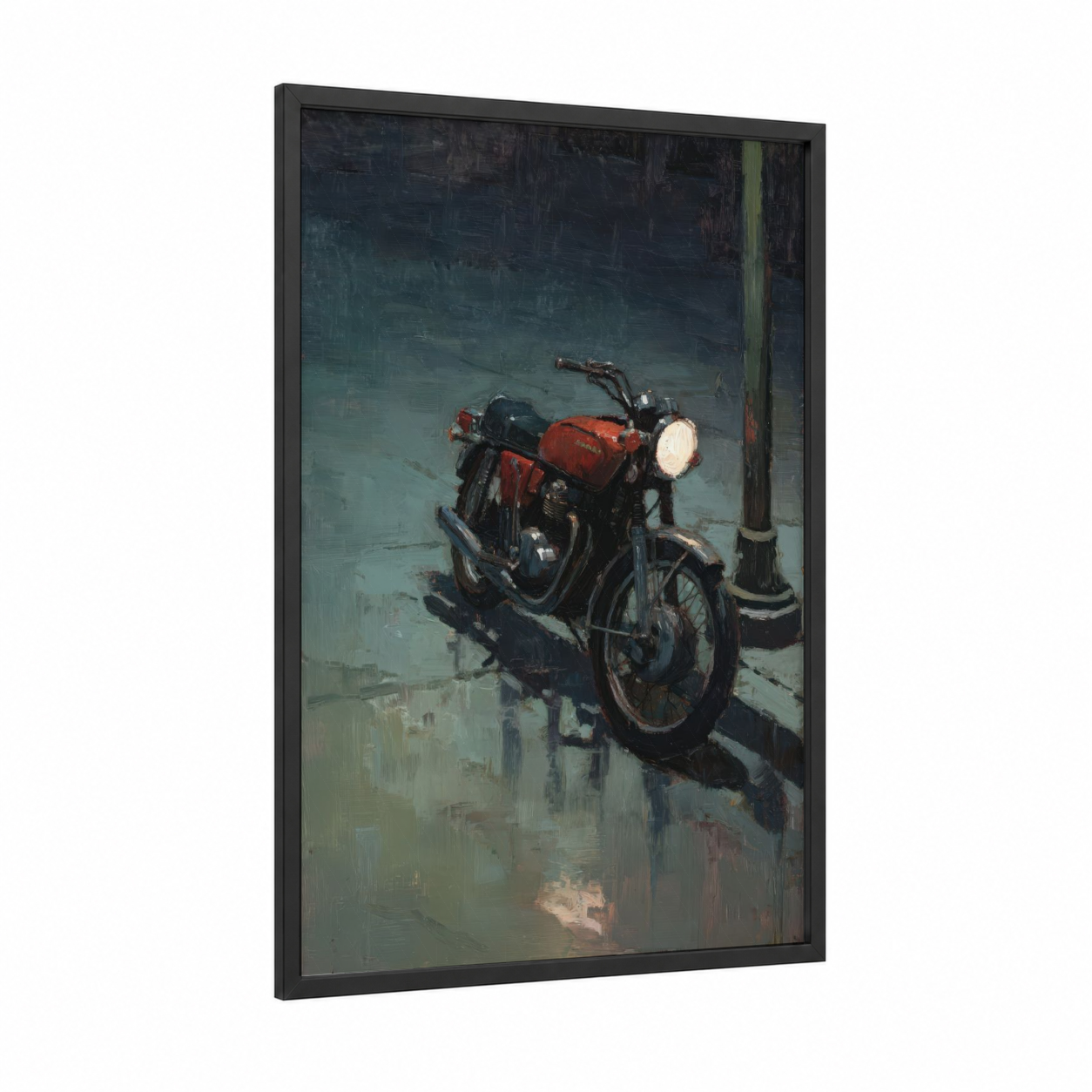 Crimson Motorcycle framed vintage motorcycle print — black wood frame — red and gray palette