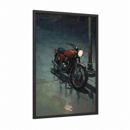 Crimson Motorcycle framed vintage motorcycle print — black wood frame — red and gray palette