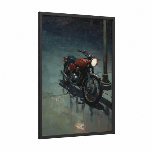 Crimson Motorcycle framed vintage motorcycle print — black wood frame — red and gray palette