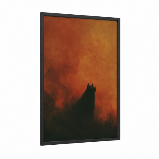Infernal Cerberus framed art print — black wood frame — orange and black palette