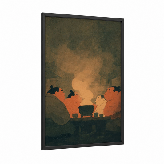 Warmth Gathering Sumo framed art print — black wood frame — gold and dark green palette