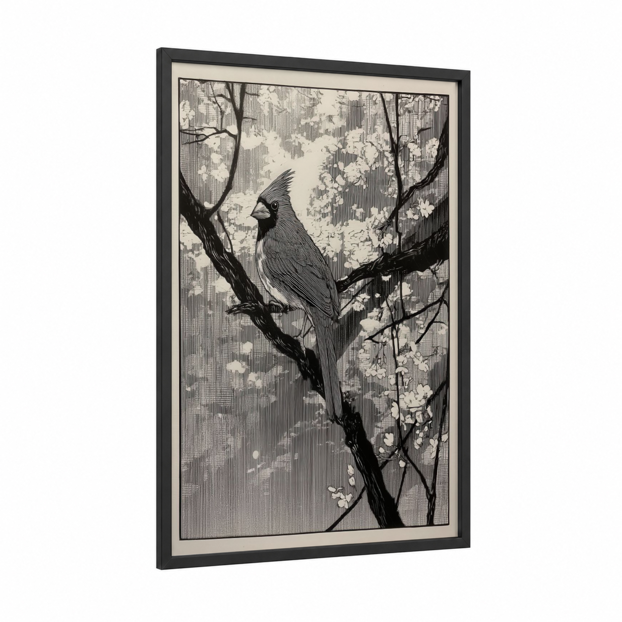 Spring Cardinal framed art print — black wood frame — black and white palette