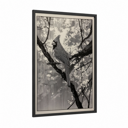 Spring Cardinal framed art print — black wood frame — black and white palette