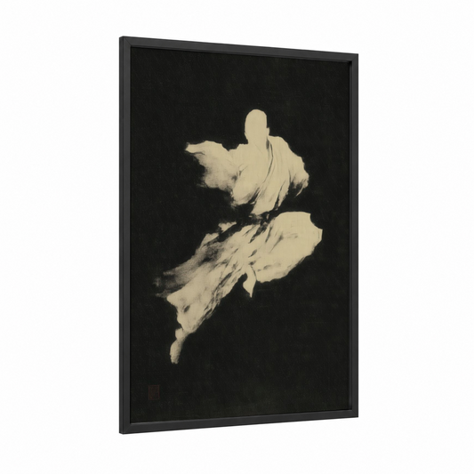 Flowing Martial Artist framed kung fu print — black wood frame — black and white and cream palette