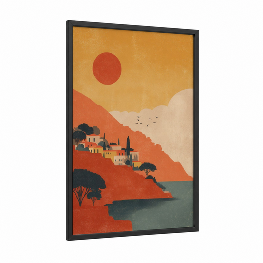 Tuscan Sunset framed art print — black wood frame — gold and orange palette