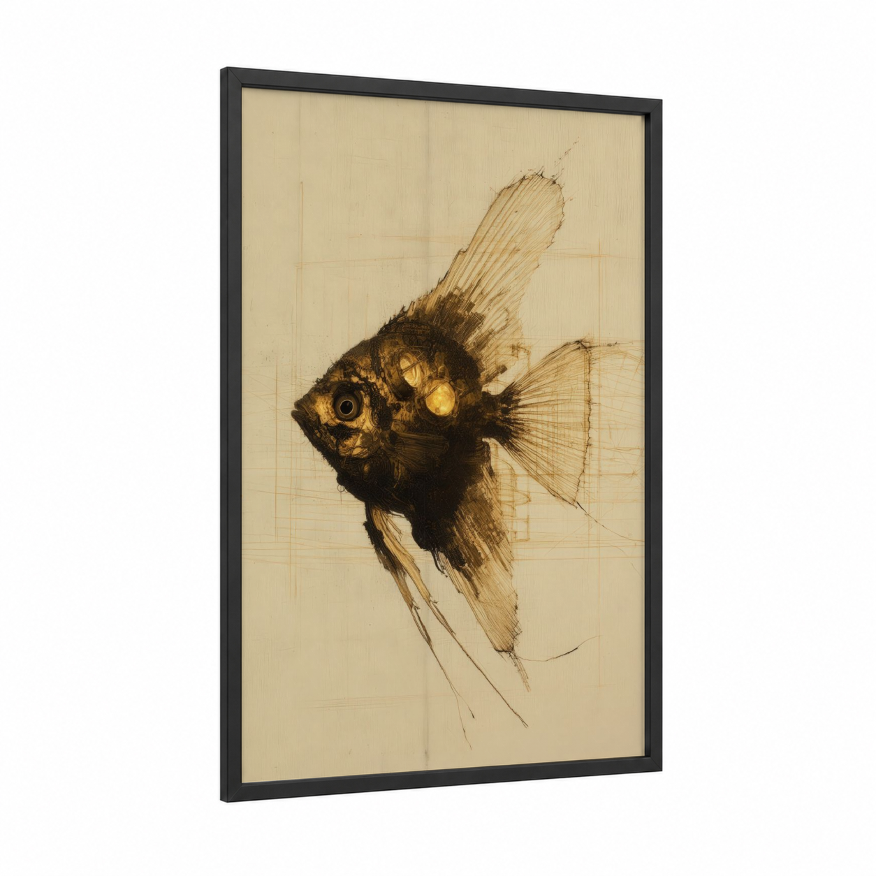 Golden Angelfish Study framed angel fish print — black wood frame — gold and black and white palette
