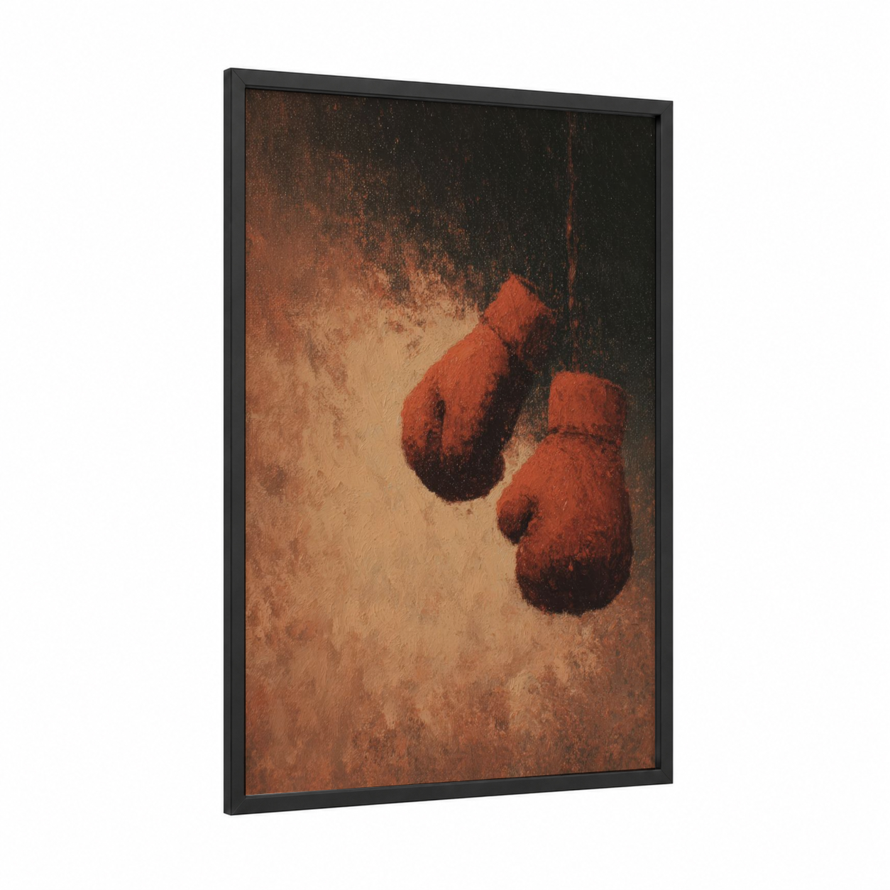 Vintage Boxing Gloves framed kick boxing print — black wood frame — russet and espresso palette