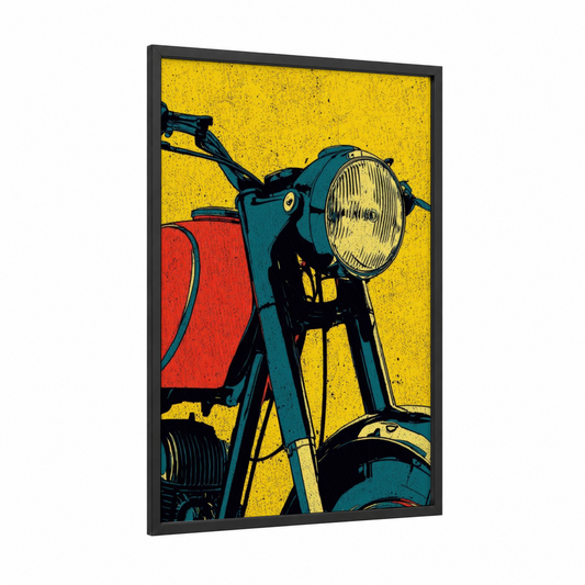 Retro Motorcycle Yellow framed vintage motorcycle print — black wood frame — yellow gold and teal palette