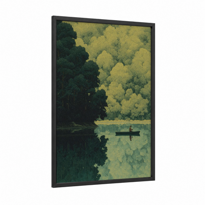 Solitary Kayak framed kayaks and canoes print — black wood frame — dark green and yellow gold palette