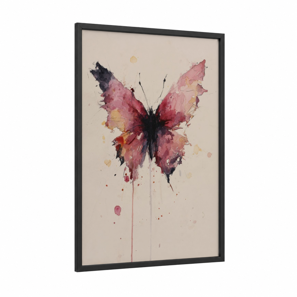 Crimson Butterfly Study framed art print — black wood frame — magenta and gold palette
