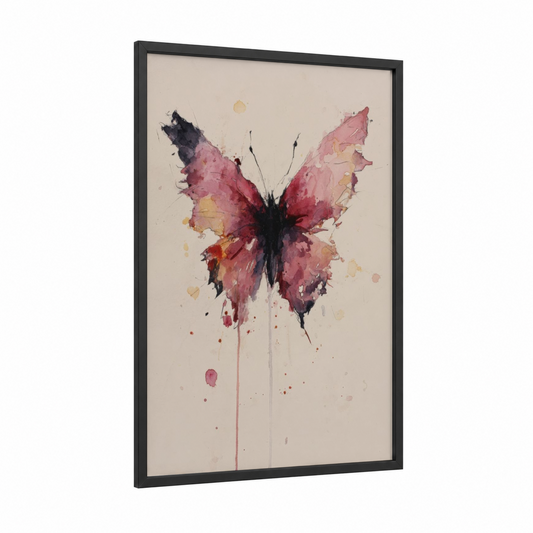 Crimson Butterfly Study framed art print — black wood frame — magenta and gold palette