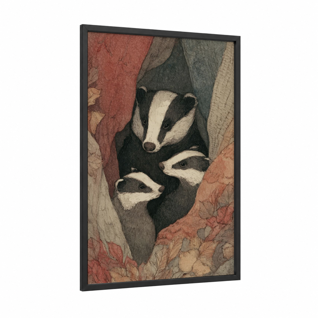 Cozy Badger Family framed art print — black wood frame — russet and sage green palette
