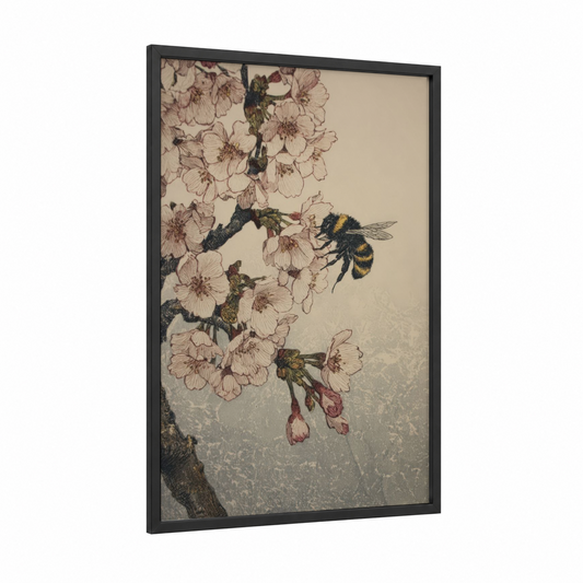 Bumblebee Blossoms framed art print — black wood frame — cream and black palette