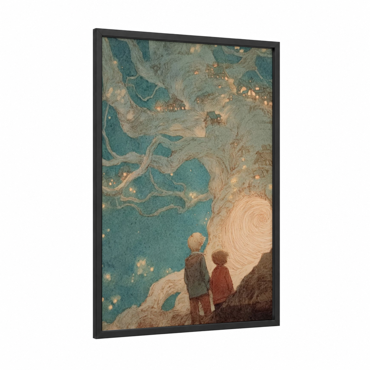 Whimsical Map Explorers framed kids magic and fantasy print — black wood frame — teal and gold palette