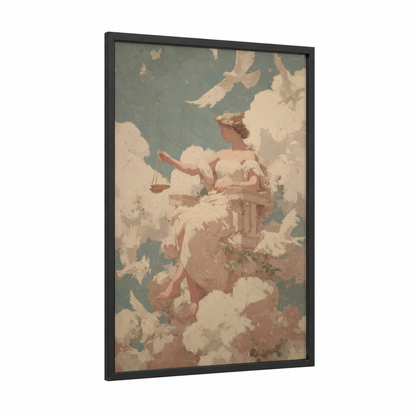 Celestial Libra framed art print — black wood frame — cream and sage green palette