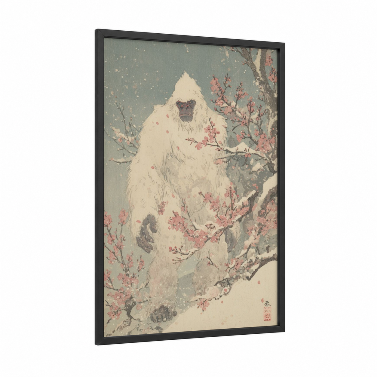 Snowy Yeti Guardian framed art print — black wood frame — cream and dove gray palette
