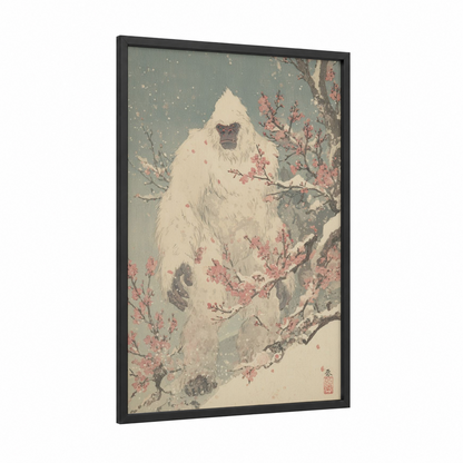 Snowy Yeti Guardian framed art print — black wood frame — cream and dove gray palette