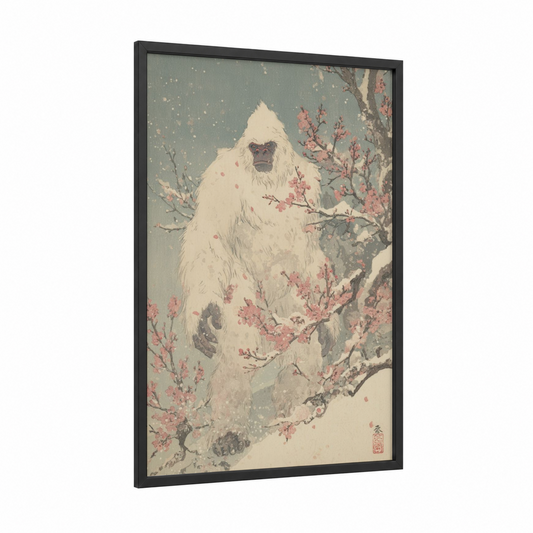 Snowy Yeti Guardian framed art print — black wood frame — cream and dove gray palette