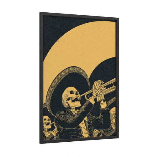 Skeletal Mariachi framed dia de los muertos print — black wood frame — yellow gold and black palette