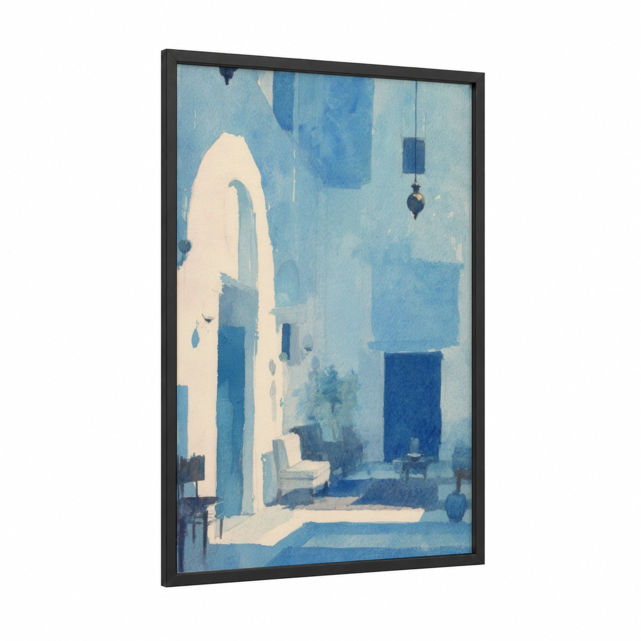 Serene Synagogue framed synagogues print — black wood frame — blue and white and cream palette