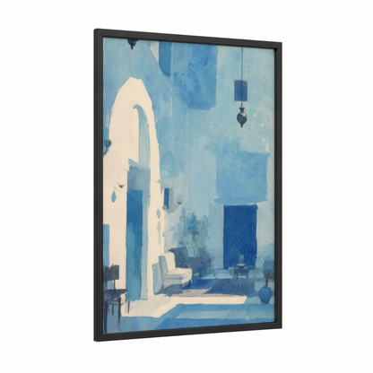 Serene Synagogue framed synagogues print — black wood frame — blue and white and cream palette